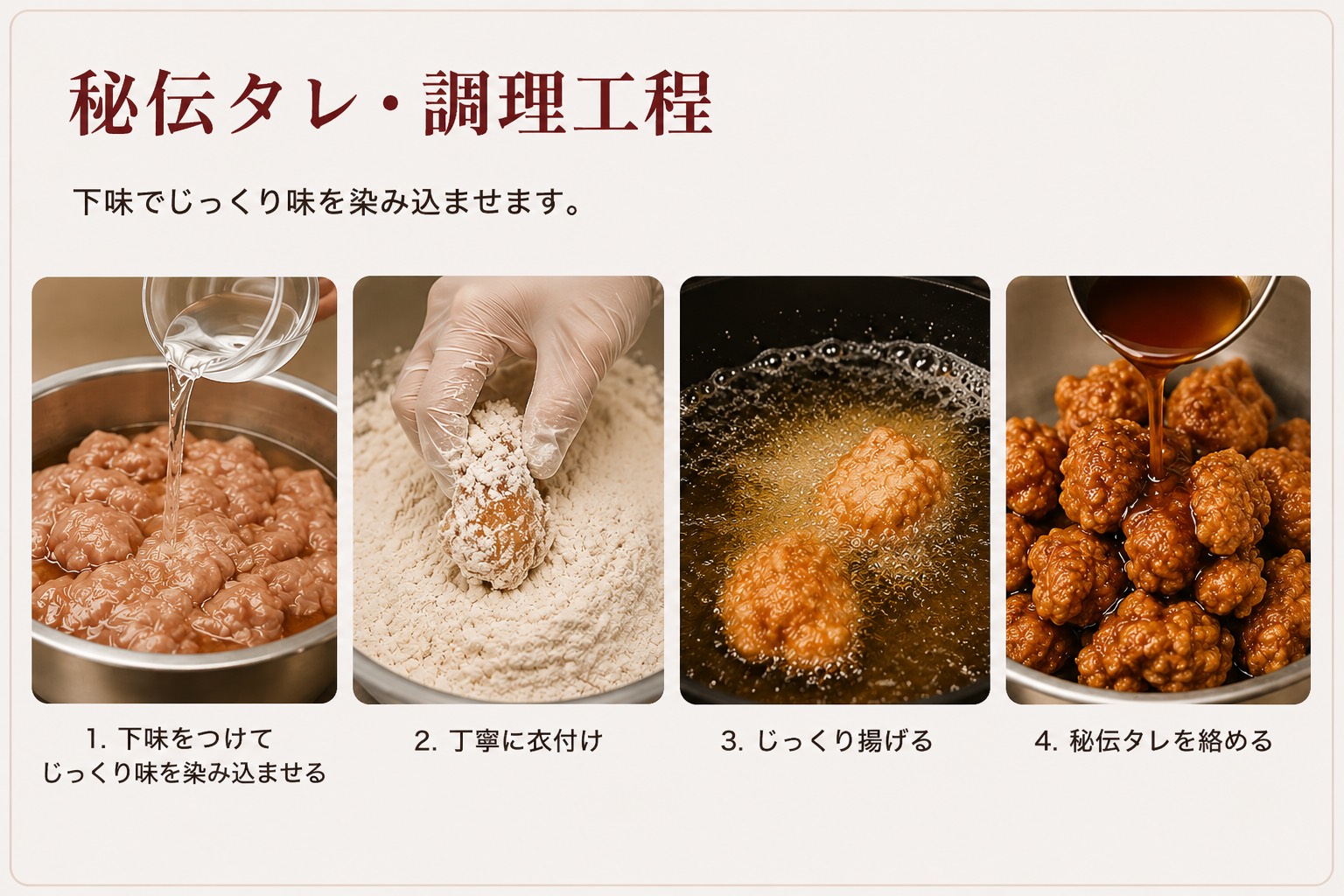 秘伝タレを使った唐揚げの調理工程